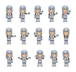 Set of knight characters showing various hand gestures. Funny knight pointing, greeting, showing thumb up, victory, stop sign and other hand gestures. Simple vector illustration