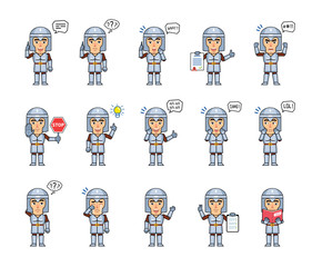 Set of medieval knight characters showing various actions, emotions. Funny knight talking on phone, thinking, angry, shocked, laughing, crying and doing other actions. Simple vector illustration