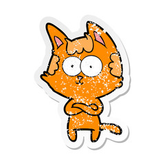 distressed sticker of a happy cartoon cat with crossed arms