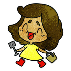 textured cartoon of cute kawaii girl with bucket and spade