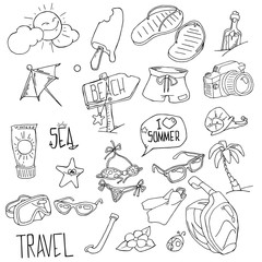 Colorful vector hand drawn doodle cartoon set of beach vacation facilities and characters