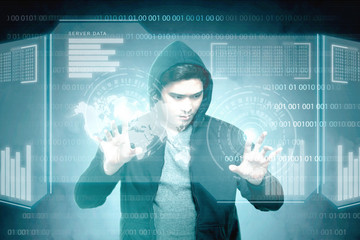 Young asian hacker in black hoodie touching virtual screen