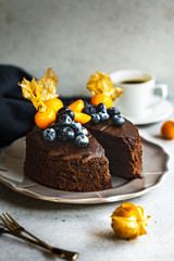 Chocolate cake with Blueberries and Gooseberry on top