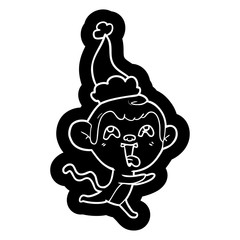 crazy cartoon icon of a monkey running wearing santa hat