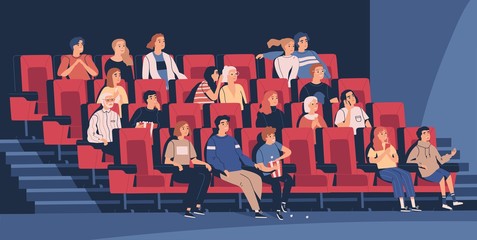 People sitting in chairs at movie theater or cinema auditorium. Young and old men, women and children watching film or motion picture. Viewers or moviegoers. Flat cartoon vector illustration. - obrazy, fototapety, plakaty