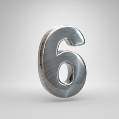 Brushed metal number 6. 3D render shiny metal font isolated on white background.