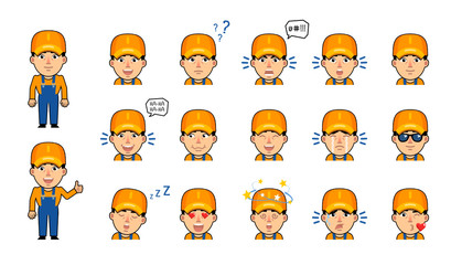 Set of auto mechanic emoticons. Funny workman emojis showing various facial expressions. Happy, laugh, sad, angry, serious, shocked, dazed, in love and other emotions. Simple vector illustration