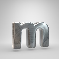 Brushed metal letter M lowercase. 3D render shiny metal font isolated on white background.