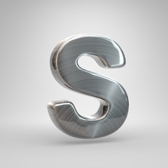 Brushed metal letter S uppercase. 3D render shiny metal font isolated on white background.