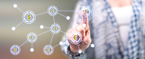 Woman touching a financial network