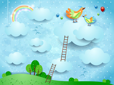 Fantasy landscape with stairways and birds over the clouds