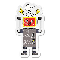 distressed sticker of a cute cartoon robot malfunction