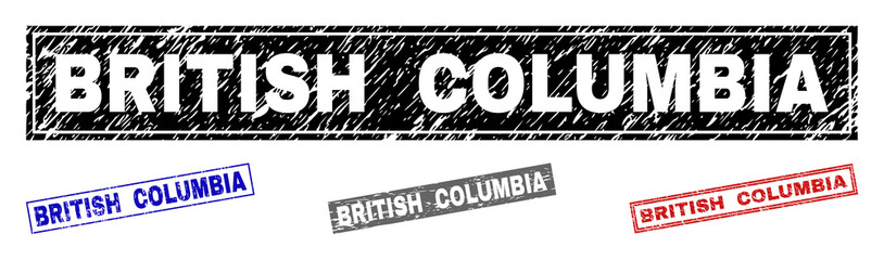 Grunge BRITISH COLUMBIA rectangle stamp seals isolated on a white background. Rectangular seals with grunge texture in red, blue, black and gray colors.