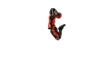 Full length portrait of a basketball player with a ball isolated on white studio background....