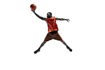 Full length portrait of a basketball player with a ball isolated on white studio background. advertising concept. Fit african american athlete jumping with ball. Motion, activity, movement concepts.