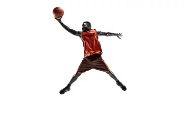 Stoff pro Meter Full length portrait of a basketball player with a ball isolated on white studio background. advertising concept. Fit african american athlete jumping with ball. Motion, activity, movement concepts. © master1305