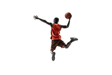 Full length portrait of a basketball player with a ball isolated on white studio background. advertising concept. Fit african american athlete jumping with ball. Motion, activity, movement concepts. © master1305