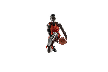 Fototapeta na wymiar Full length portrait of a basketball player with a ball isolated on white studio background. advertising concept. Fit african american athlete jumping with ball. Motion, activity, movement concepts.