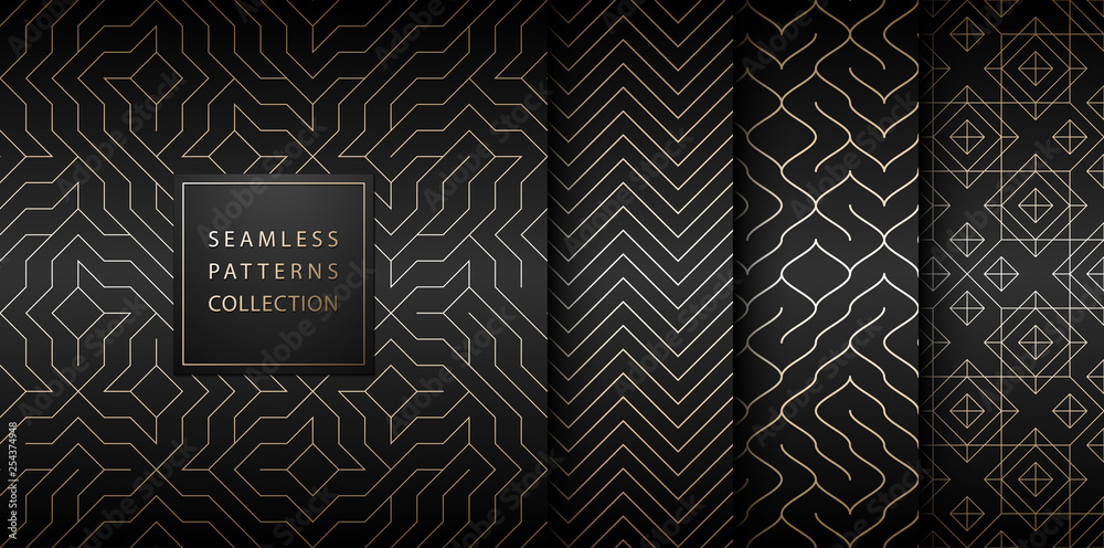 Wall mural collection of seamless geometric golden minimalistic patterns. simple vector graphic black print bac