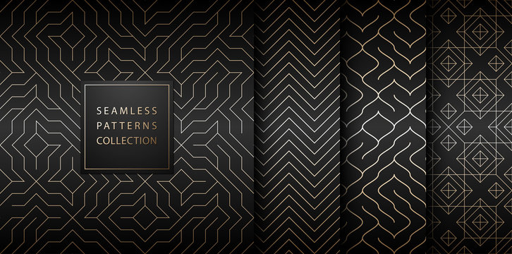 Collection of seamless geometric golden minimalistic patterns. Simple vector graphic black print background. Repeating line abstract texture set. Stylish trellis gold square. Geometry web page fill.