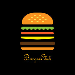 Burger club logo. Burger in flat design on black background. Logo Burger club