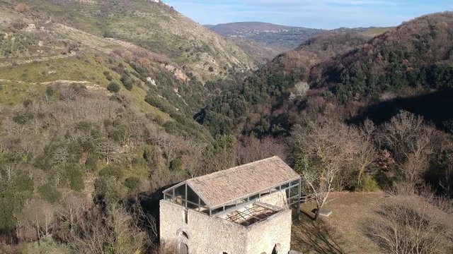Church highmedieval of San Donato (Lazio, Italy) near Farfa. Aerial view.