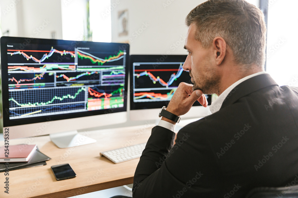 Wall mural image of concentrated businessman working in office and looking on computer with graphics and charts