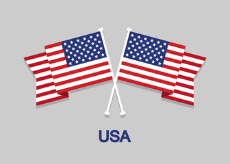 Two crossed flags America with text USA in flat design on gray background