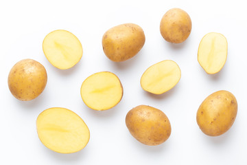 Potatoes isolated on white background. Flat lay. Top view.