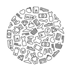 Round design element with line shopping icons. Isolated on white background