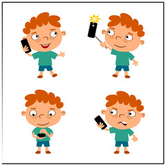 Set of funny boy with phone in different poses isolated on white background.
