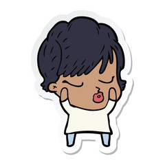 sticker of a cartoon woman with eyes shut