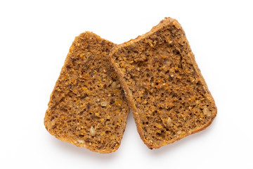 Rye bread slice on a white background.