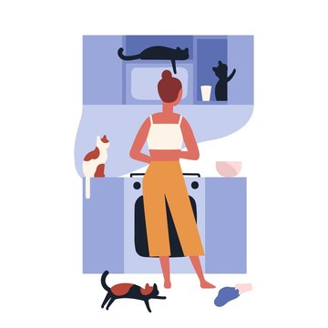 Crazy cat lady standing in kitchen full of her kitties and cooking. Home scene with woman and her domestic animals. Lonely pet owner. Back view. Colorful vector illustration in flat cartoon style.