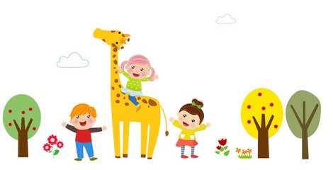 Kids and giraffe