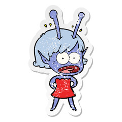 distressed sticker of a cartoon shocked alien girl