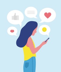 Woman or girl sending and receiving Internet messages on smartphone or texting on mobile phone. Online communication on social network and media, instant messaging. Flat cartoon vector illustration.