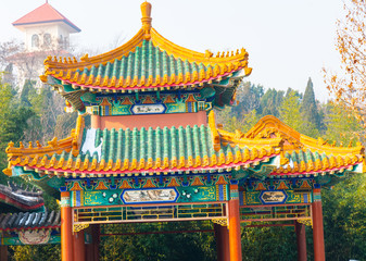 Fototapeta premium traditional Chinese architecture and pavilion in the complex of nanshan temple at longkou City in Lushan Mountain in Shandong Province of China