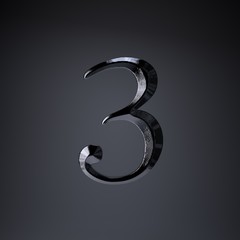 Fototapeta premium Chiseled iron number 3. 3d render game or movie title font isolated on black background.