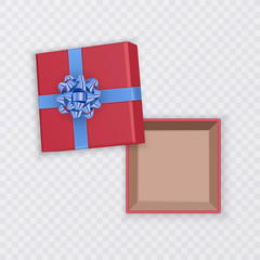 Red gift box with blue bow, top view, open empty square cardboard box, isolated on transparent background, vector illustration