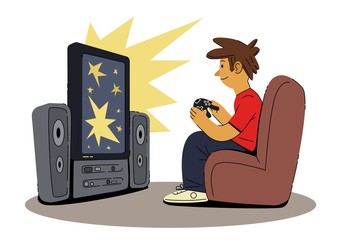 Gamer playing a video game on the console. Keeps gamepad. Vector cartoon illustration.