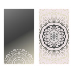 Design Vintage Cards With Floral Mandala Pattern And Ornaments. Vector Template. Islam, Arabic, Indian, Mexican Ottoman Motifs. Hand Drawn Background. Grey silver color