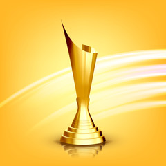 Golden Award Cup Vector. Gilded Metal Object. Leader Tag. Athlete Power. Number One. First Place. Achievement Sign. Decoration Element. 3D Realistic Illustration