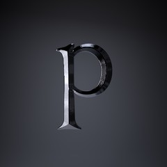 Chiseled iron letter P lowercase. 3d render game or movie title font isolated on black background.