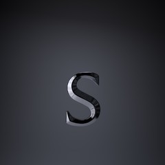 Chiseled iron letter S lowercase. 3d render game or movie title font isolated on black background.