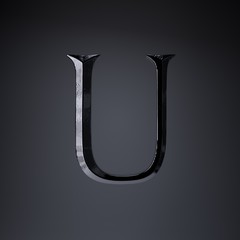 Chiseled iron letter U uppercase. 3d render game or movie title font isolated on black background.