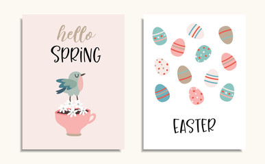 Set of Easter greeting cards, invitations with bird, cup of coffee, flowers and colorful Easter eggs pattern. Spring season concept. Hand drawn cute flst design. Vector illustration backgrounds.