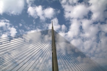 Obraz na płótnie Canvas Tower Bridge at Ada Belgrade. Cables at tower provide bridge construction. High pylon.