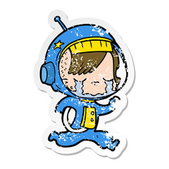 distressed sticker of a cartoon crying astronaut girl running