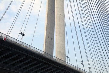 Tower Bridge at Ada Belgrade. Cables at tower provide bridge construction. High pylon.
